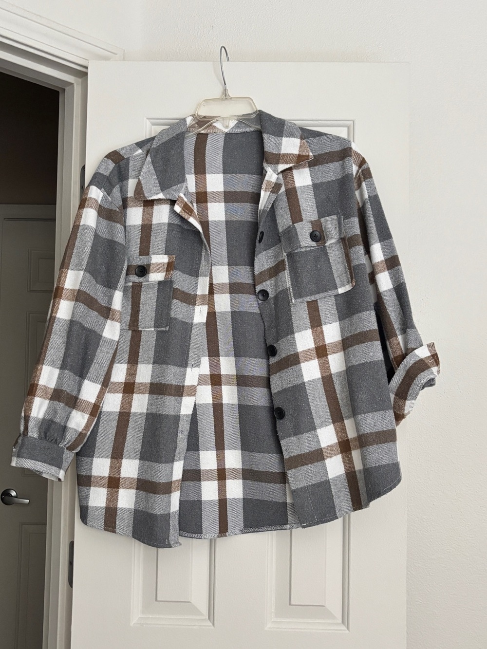 Goodnight Macaroon Ladies Plaid Button-Up Overshirt Jacket - Gray & Brown Size S
